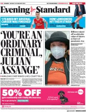 London Evening Standard (UK) Newspaper Front Page for 25 February 2020