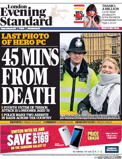 London Evening Standard Newspaper Front Page (UK) for 25 March 2017