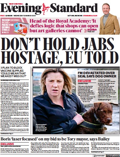 London Evening Standard Newspaper Front Page (UK) for 25 March 2021