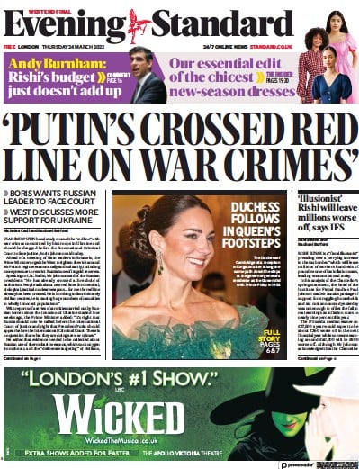 London Evening Standard Newspaper Front Page (UK) for 25 March 2022