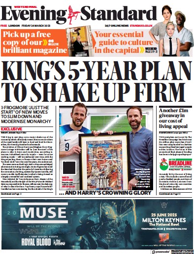 London Evening Standard Newspaper Front Page (UK) for 25 March 2023
