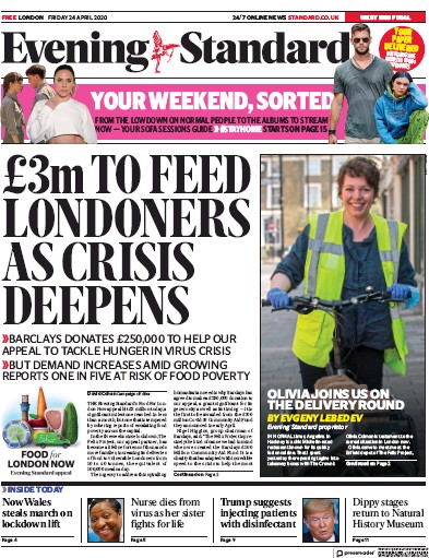 London Evening Standard Newspaper Front Page (UK) for 25 April 2020