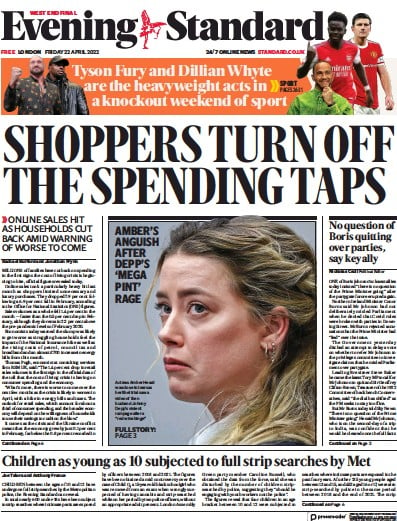 London Evening Standard Newspaper Front Page (UK) for 25 April 2022