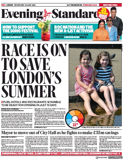 London Evening Standard Newspaper Front Page (UK) for 25 June 2020