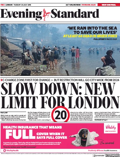 London Evening Standard Newspaper Front Page (UK) for 25 July 2018