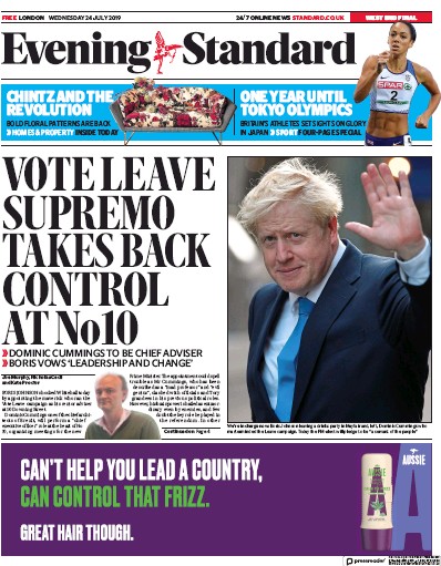London Evening Standard Newspaper Front Page (UK) for 25 July 2019