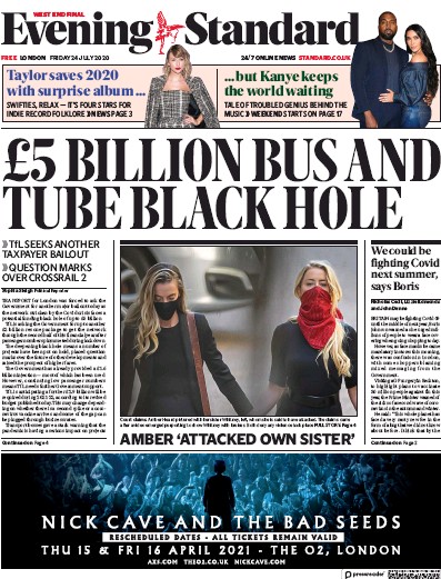 London Evening Standard Newspaper Front Page (UK) for 25 July 2020