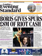 London Evening Standard (UK) Newspaper Front Page for 25 August 2011