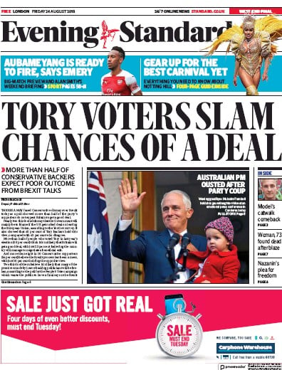 London Evening Standard Newspaper Front Page (UK) for 25 August 2018