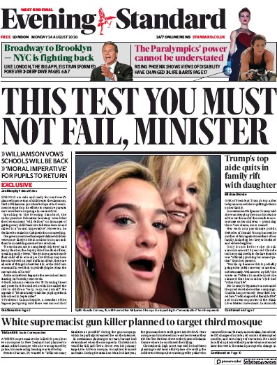 London Evening Standard Newspaper Front Page (UK) for 25 August 2020
