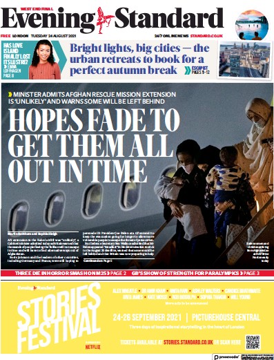 London Evening Standard Newspaper Front Page (UK) for 25 August 2021