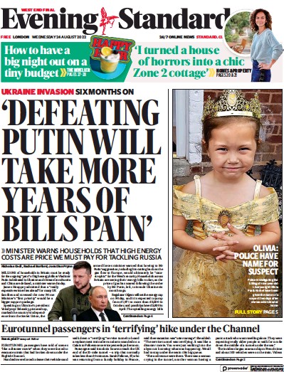 London Evening Standard Newspaper Front Page (UK) for 25 August 2022