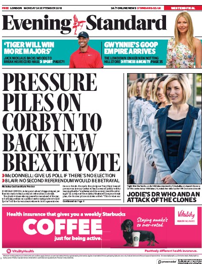 London Evening Standard Newspaper Front Page (UK) for 25 September 2018