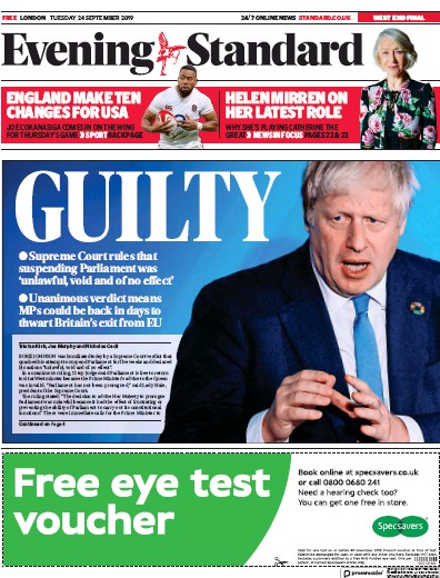 London Evening Standard Newspaper Front Page (UK) for 25 September 2019