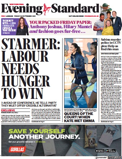London Evening Standard Newspaper Front Page (UK) for 25 September 2021