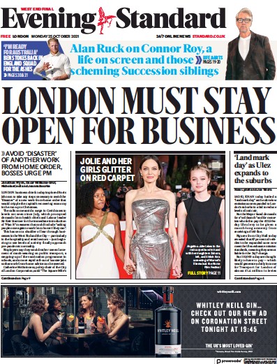 London Evening Standard Newspaper Front Page (UK) for 26 October 2021