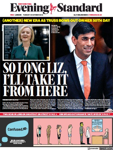 London Evening Standard Newspaper Front Page (UK) for 26 October 2022
