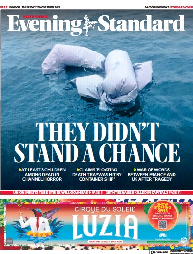 London Evening Standard Newspaper Front Page (UK) for 26 November 2021