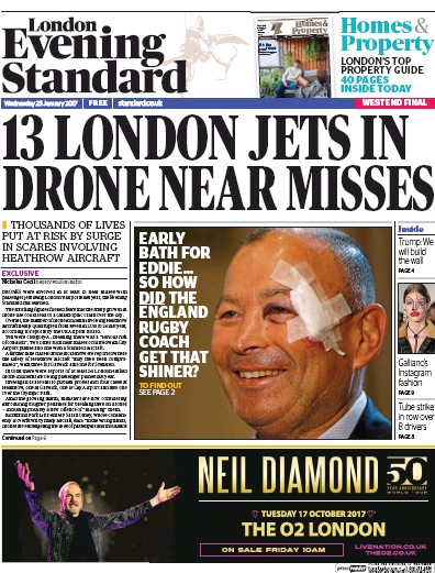 London Evening Standard Newspaper Front Page (UK) for 26 January 2017