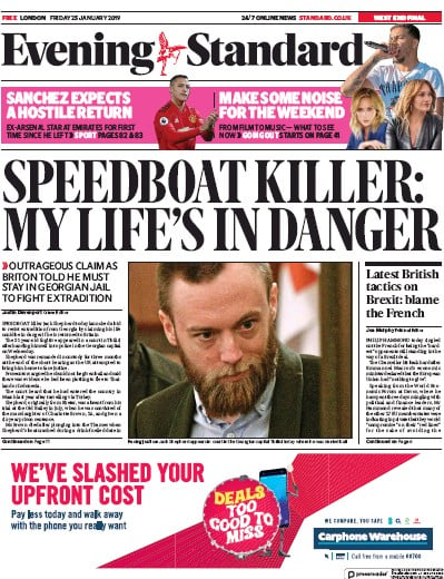London Evening Standard Newspaper Front Page (UK) for 26 January 2019