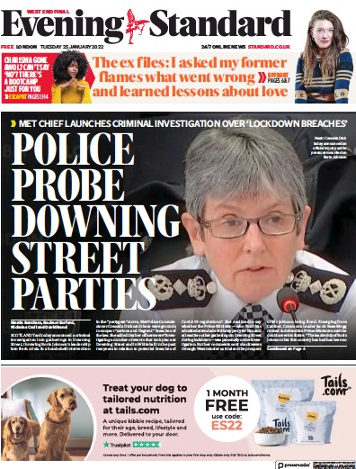 London Evening Standard Newspaper Front Page (UK) for 26 January 2022