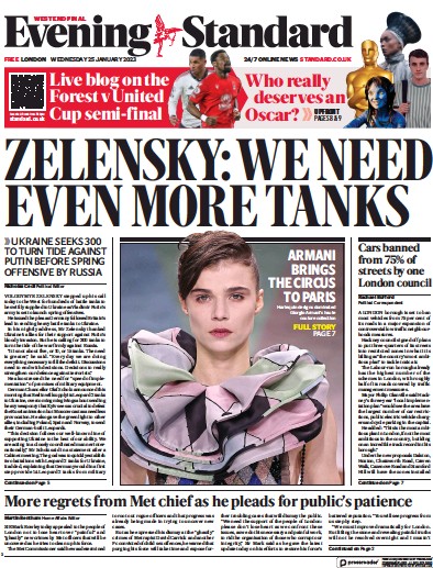 London Evening Standard Newspaper Front Page (UK) for 26 January 2023