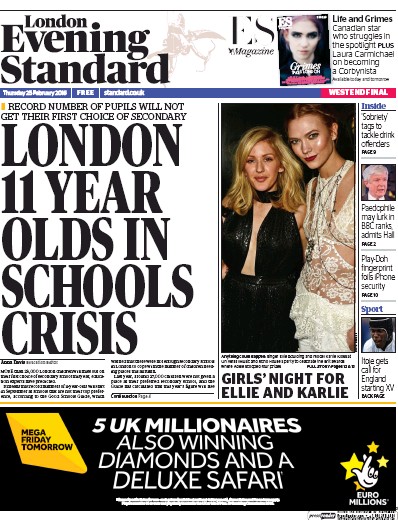 London Evening Standard Newspaper Front Page (UK) for 26 February 2016