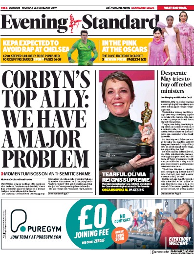 London Evening Standard Newspaper Front Page (UK) for 26 February 2019