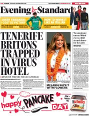 London Evening Standard (UK) Newspaper Front Page for 26 February 2020