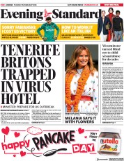 London Evening Standard (UK) Newspaper Front Page for 26 February 2020