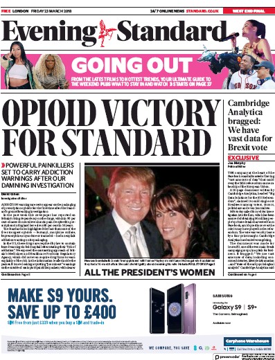 London Evening Standard Newspaper Front Page (UK) for 26 March 2018