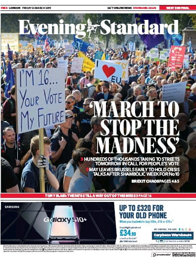 London Evening Standard Newspaper Front Page (UK) for 26 March 2019