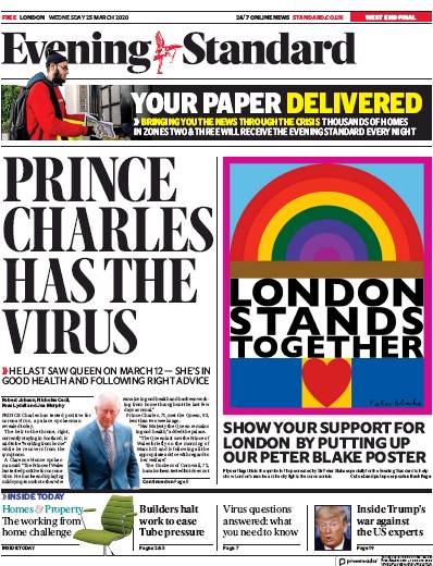 London Evening Standard Newspaper Front Page (UK) for 26 March 2020