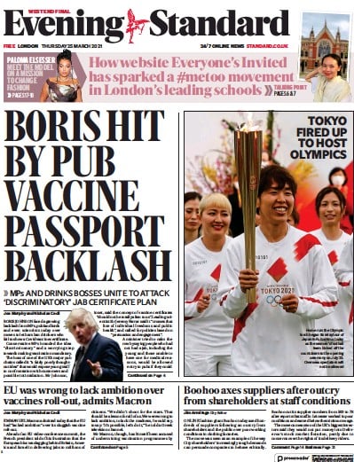 London Evening Standard Newspaper Front Page (UK) for 26 March 2021