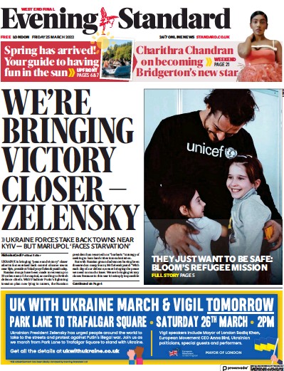 London Evening Standard Newspaper Front Page (UK) for 26 March 2022