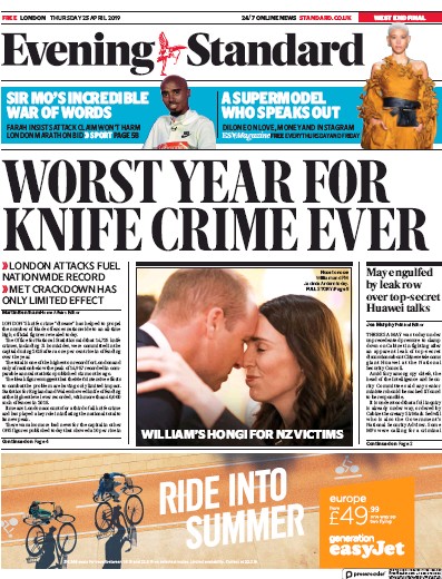 London Evening Standard Newspaper Front Page (UK) for 26 April 2019