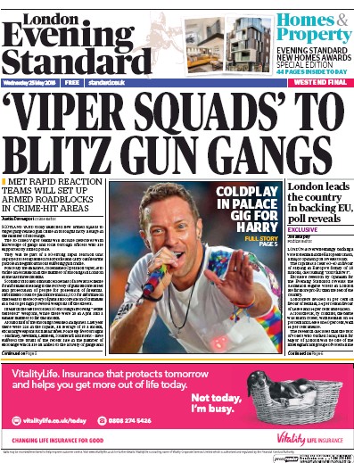 London Evening Standard Newspaper Front Page (UK) for 26 May 2016
