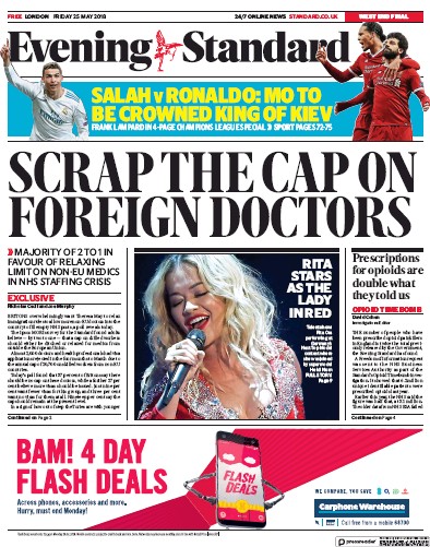London Evening Standard Newspaper Front Page (UK) for 26 May 2018
