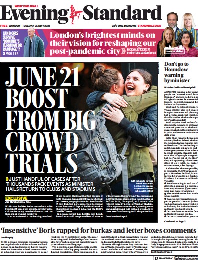 London Evening Standard Newspaper Front Page (UK) for 26 May 2021