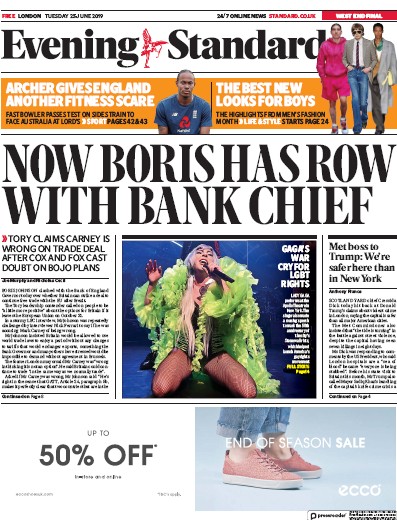 London Evening Standard Newspaper Front Page (UK) for 26 June 2019