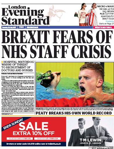 London Evening Standard Newspaper Front Page (UK) for 26 July 2017