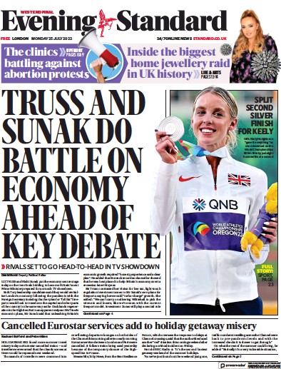 London Evening Standard Newspaper Front Page (UK) for 26 July 2022