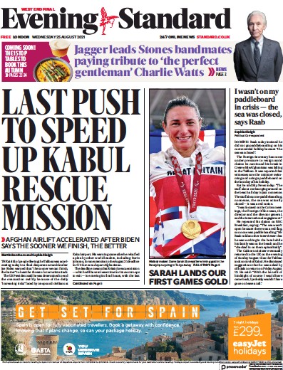 London Evening Standard Newspaper Front Page (UK) for 26 August 2021