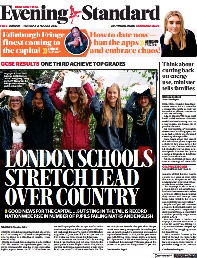 London Evening Standard Newspaper Front Page (UK) for 26 August 2022