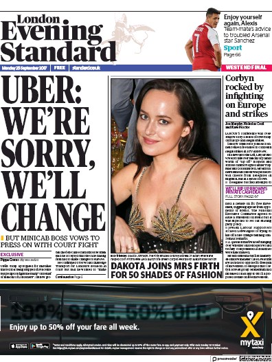 London Evening Standard Newspaper Front Page (UK) for 26 September 2017