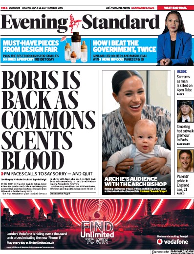 London Evening Standard Newspaper Front Page (UK) for 26 September 2019