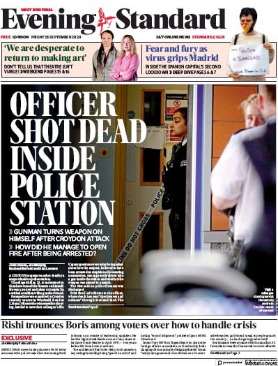 London Evening Standard Newspaper Front Page (UK) for 26 September 2020