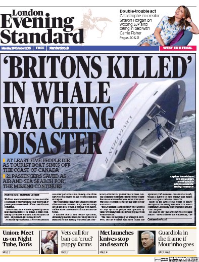 London Evening Standard Newspaper Front Page (UK) for 27 October 2015