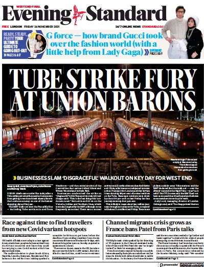 London Evening Standard Newspaper Front Page (UK) for 27 November 2021