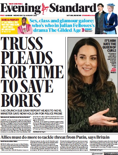 London Evening Standard Newspaper Front Page (UK) for 27 January 2022